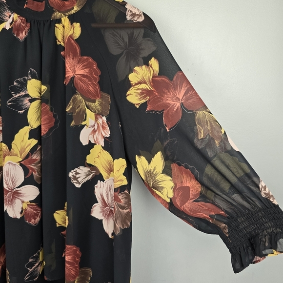 DR2 Flowy Floral Sheer Sleeve Blouse Multicolor Womens Size L‎ Dressy Office - Picture 2 of 12